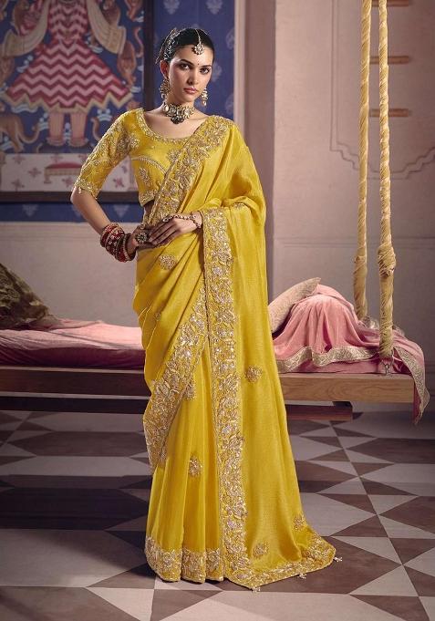 Yellow Embroidery Viscose Saree Set