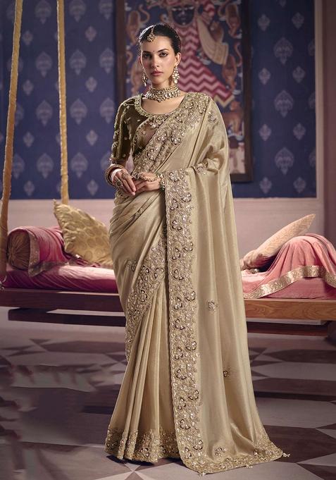 Brown Embroidery Viscose Saree Set