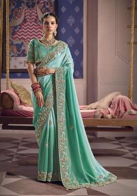 Sea Green Embroidery Viscose Saree Set