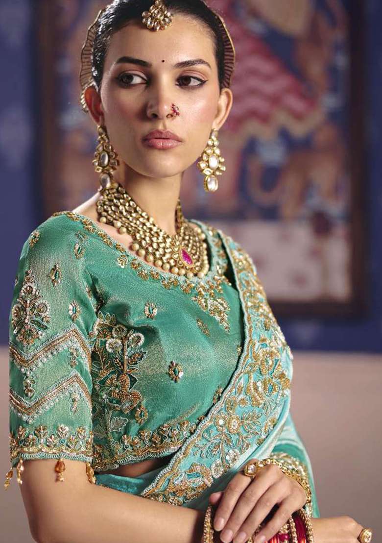 Sea Green Embroidery Viscose Saree Set - Indya