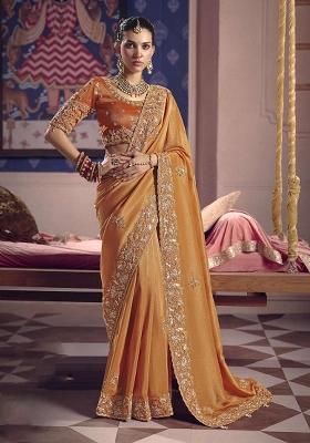 Orange Embroidery Viscose Saree Set