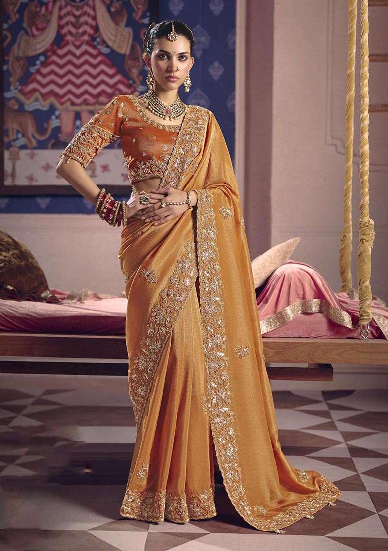 Orange Embroidery Viscose Saree Set - Indya