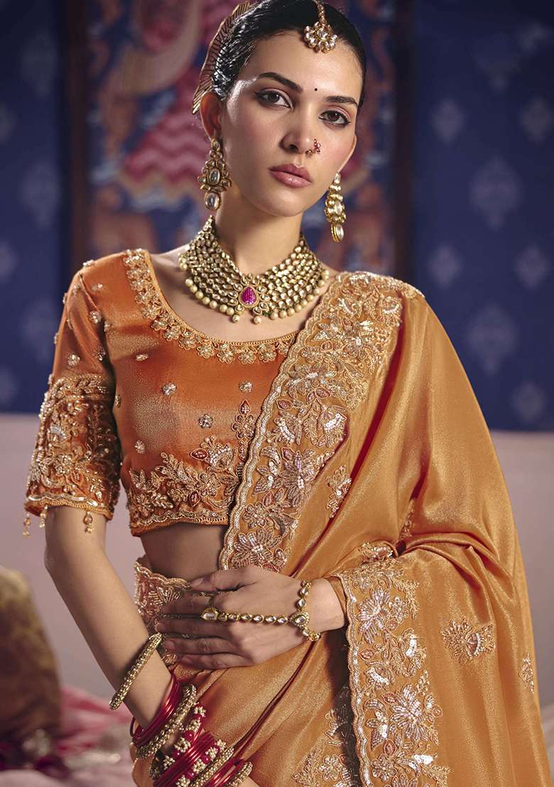 Orange Embroidery Viscose Saree Set - Indya