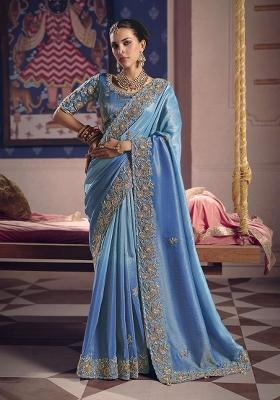Blue Embroidery Viscose Saree Set