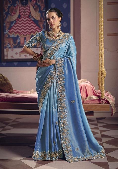 Blue Embroidery Viscose Saree Set