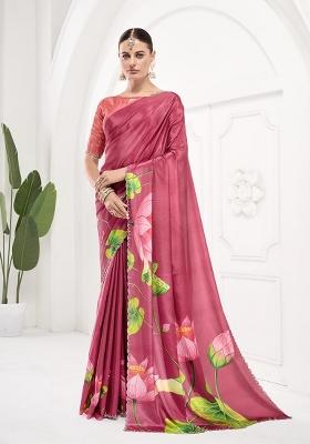 Peach Printed Crepe Saree Set