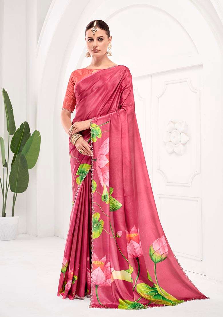 Peach Printed Crepe Saree Set - Indya