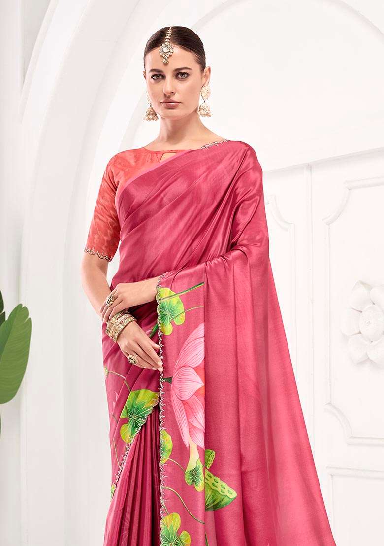 Peach Printed Crepe Saree Set - Indya