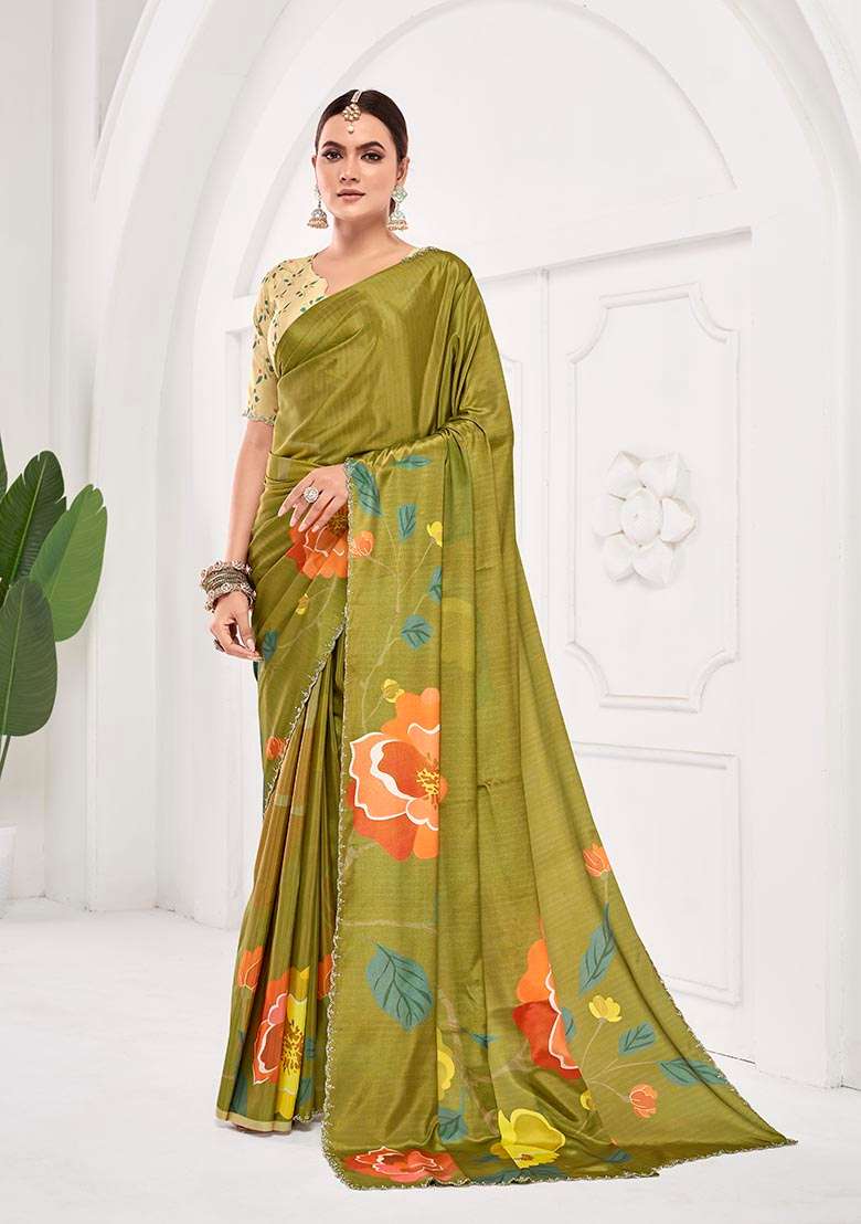 Green Printed Crepe Saree Set - Indya