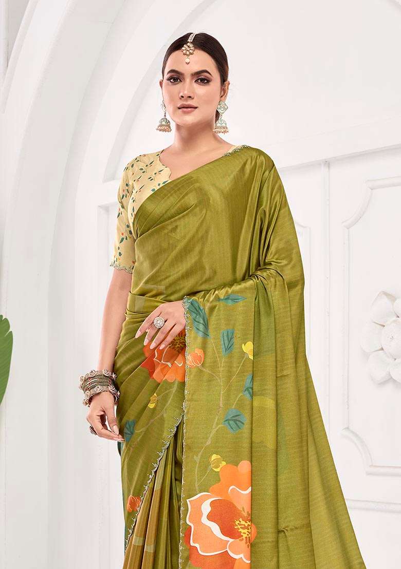 Green Printed Crepe Saree Set - Indya