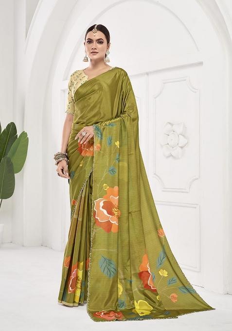Green Printed Crepe Saree Set — view on Indya