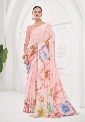 Pink Printed Crepe Saree Set