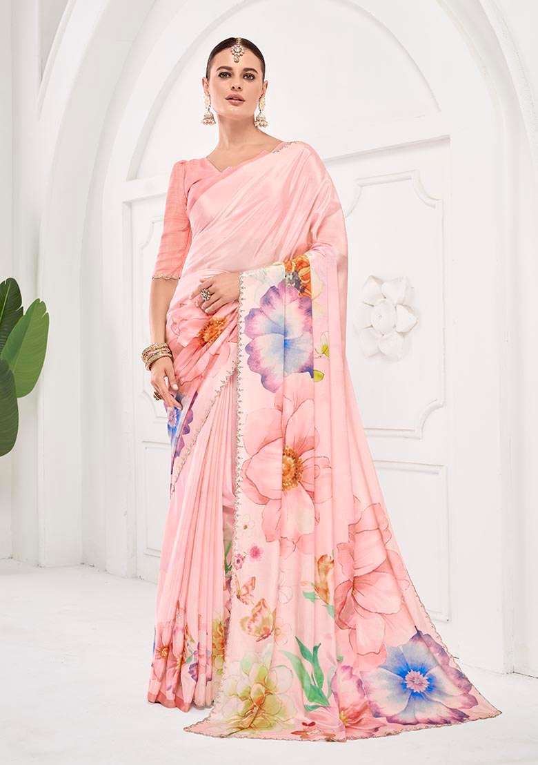 Pink Printed Crepe Saree Set - Indya