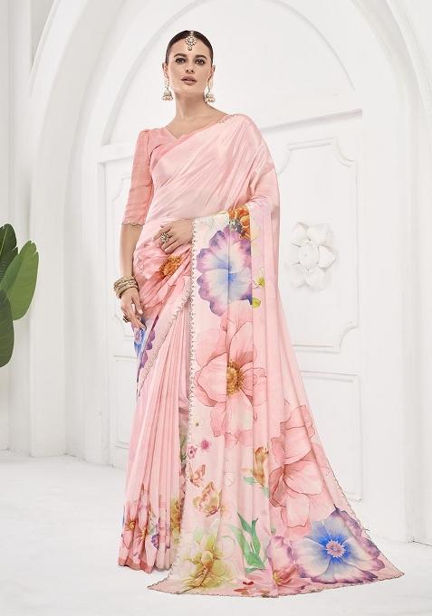 Pink Printed Crepe Saree Set — view on Indya