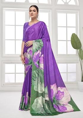 Purple Printed Crepe Saree Set