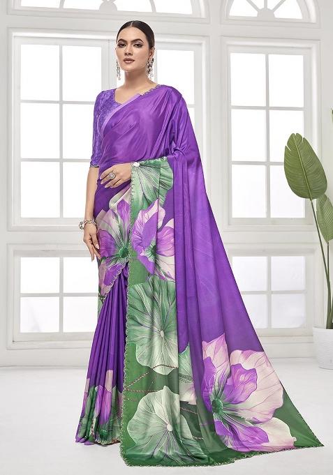 Purple Printed Crepe Saree Set — view on Indya