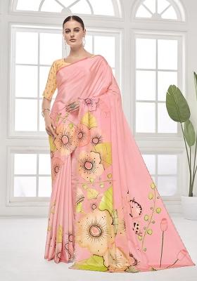 Peach Printed Crepe Saree Set