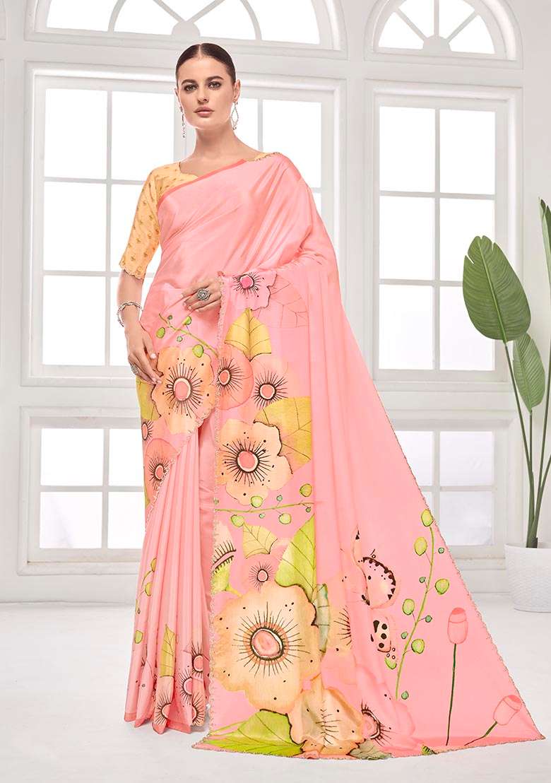Peach Printed Crepe Saree Set - Indya