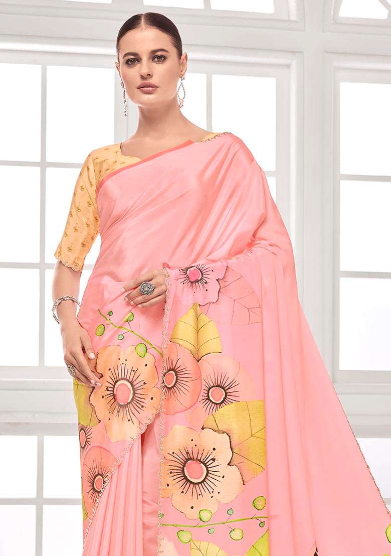 Peach Printed Crepe Saree Set - Indya