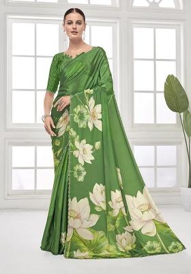 Green Printed Crepe Saree Set