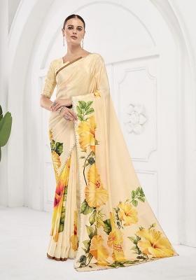 Cream Printed Crepe Saree Set
