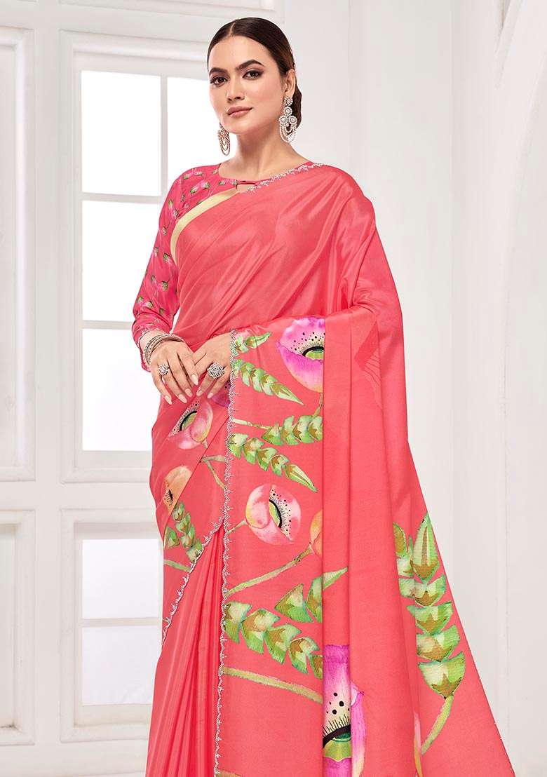 Peach Printed Crepe Saree Set - Indya