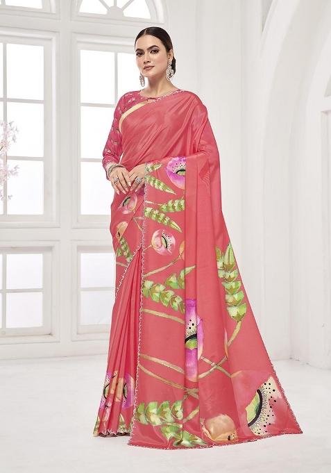 Peach Printed Crepe Saree Set