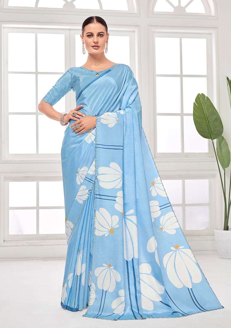 Sky Blue Printed Crepe Saree Set - Indya