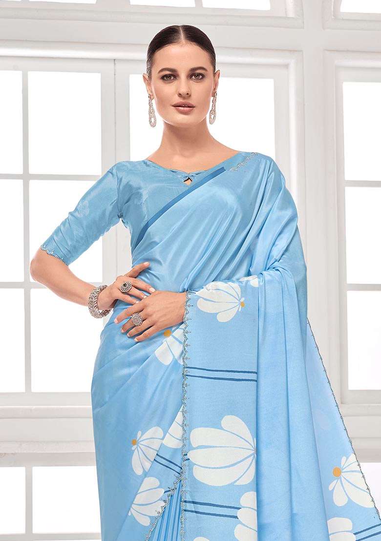 Sky Blue Printed Crepe Saree Set - Indya