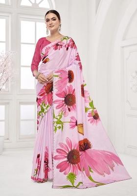 Pink Printed Crepe Saree Set