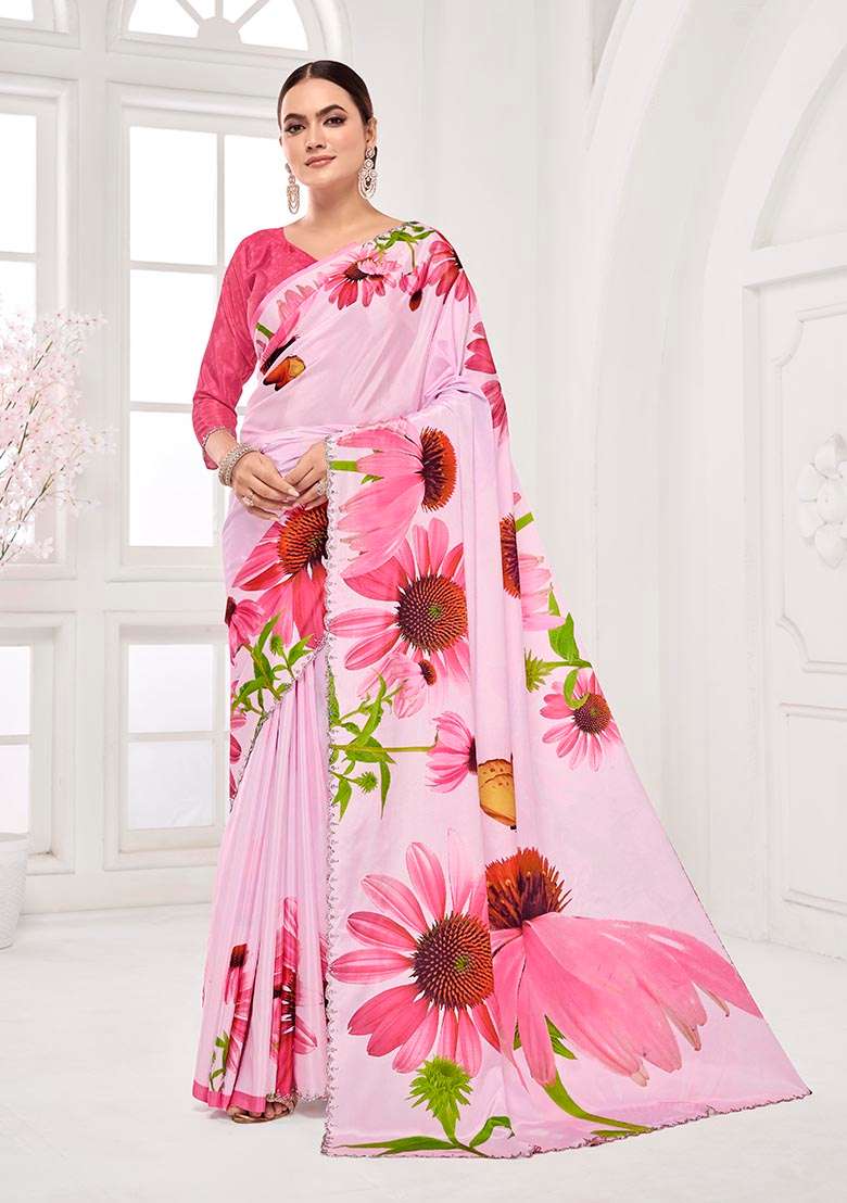 Pink Printed Crepe Saree Set - Indya