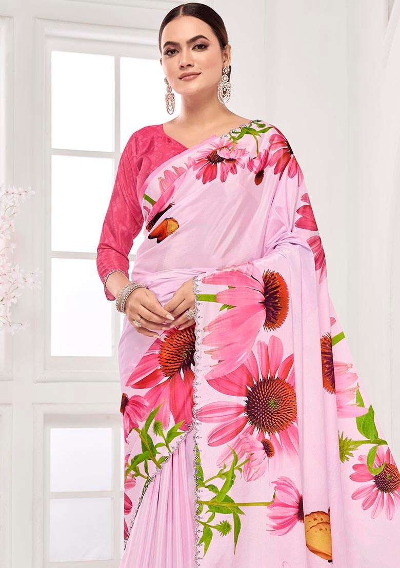Pink Printed Crepe Saree Set - Indya