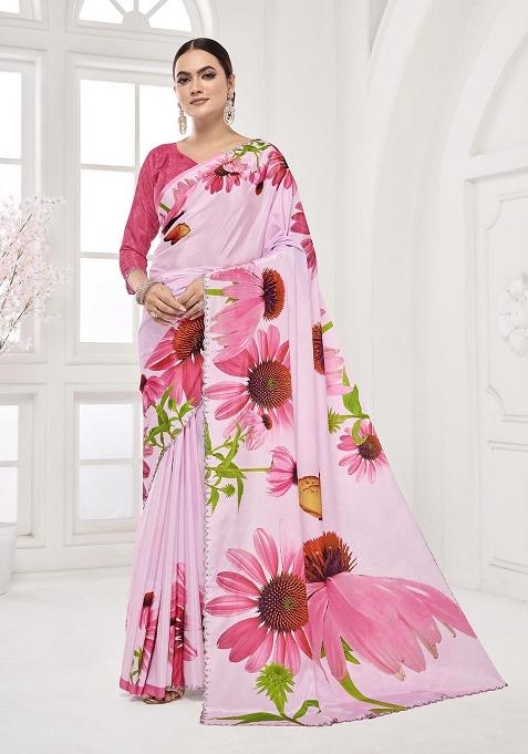 Pink Printed Crepe Saree Set — view on Indya