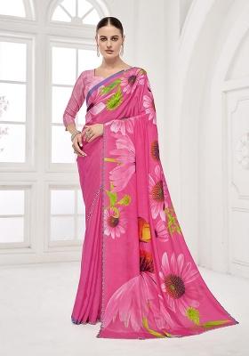 Pink Printed Crepe Saree Set
