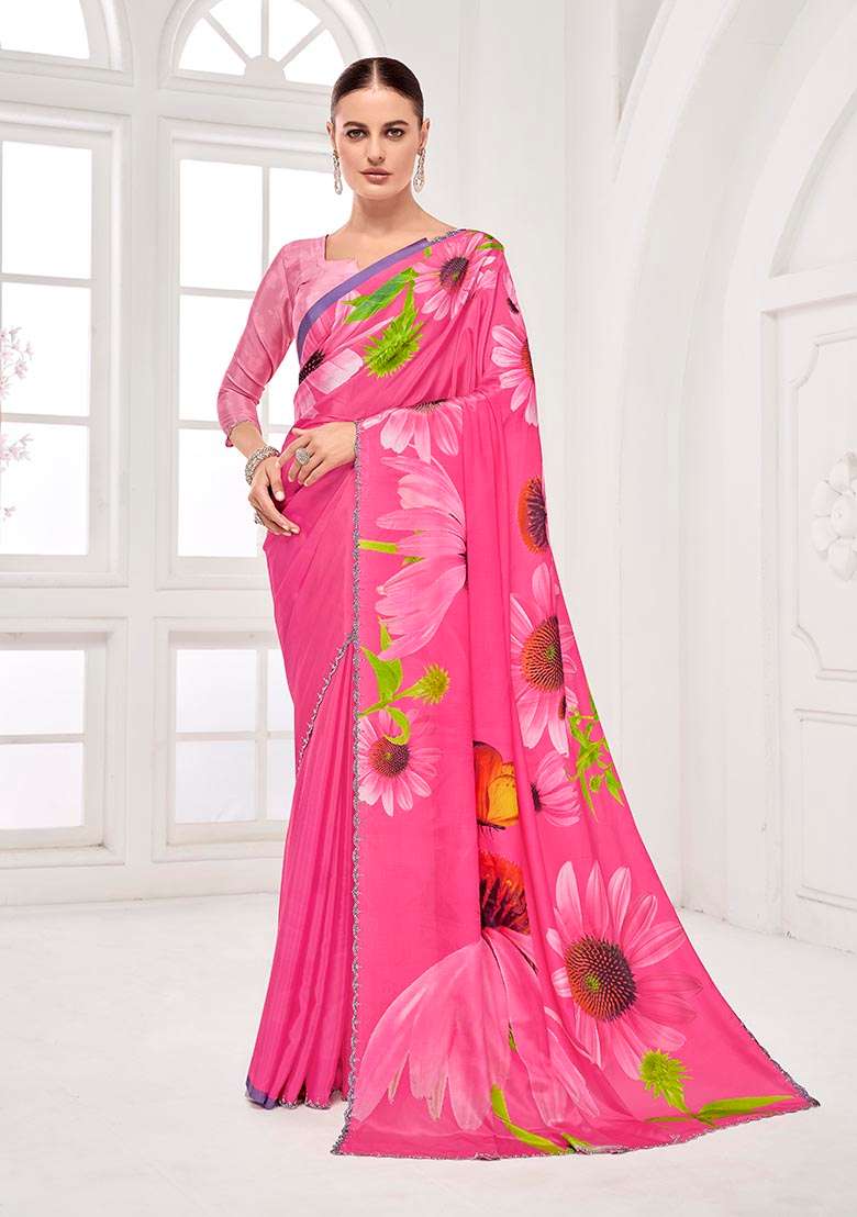 Pink Printed Crepe Saree Set - Indya
