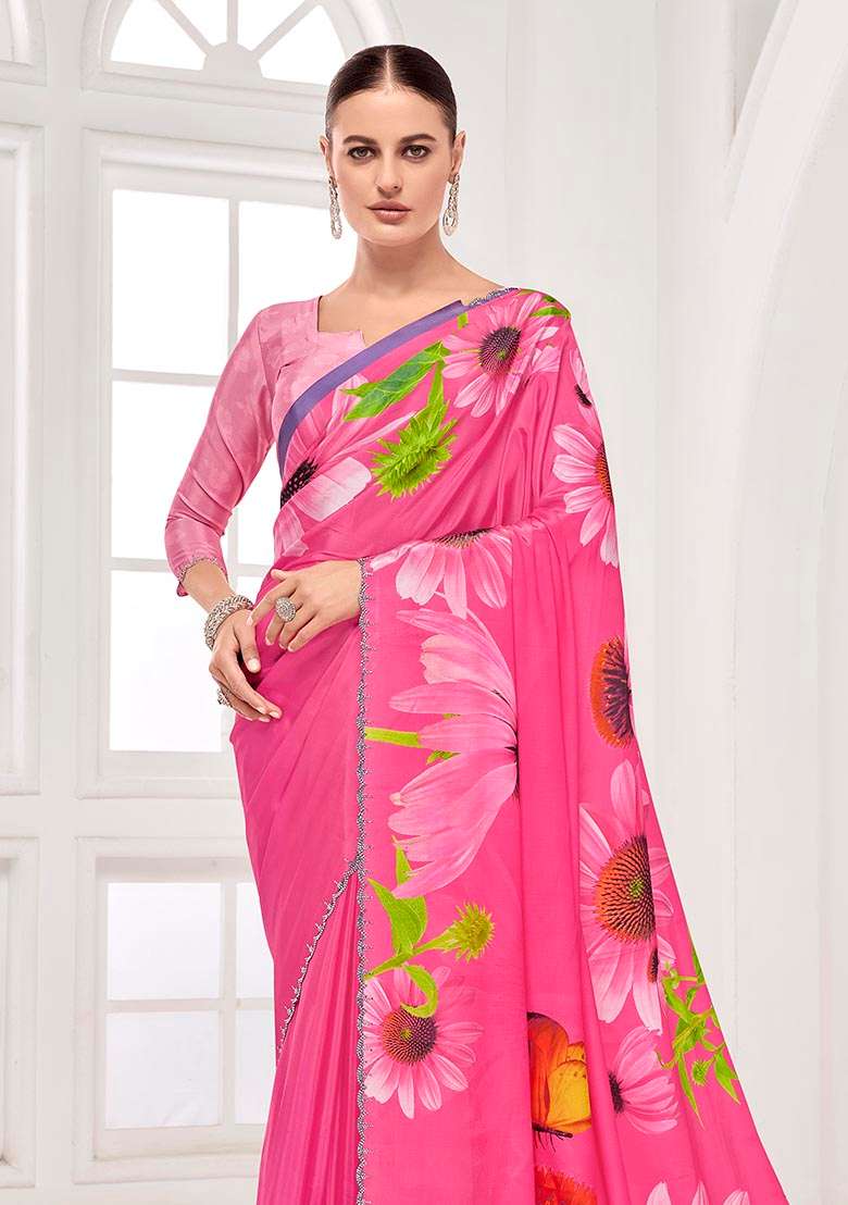 Pink Printed Crepe Saree Set - Indya