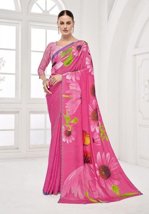 Pink Printed Crepe Saree Set — view on Indya