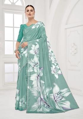 Sea Green Printed Crepe Saree Set