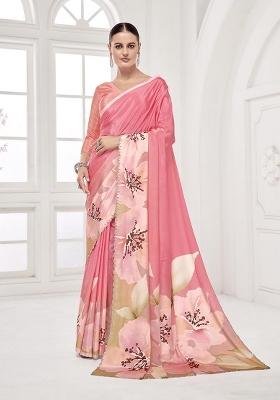 Peach Printed Crepe Saree Set