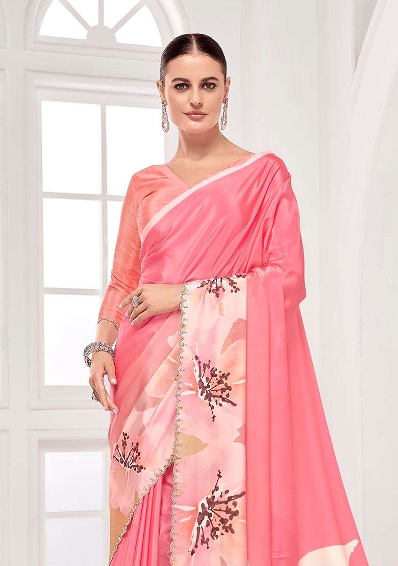 Peach Printed Crepe Saree Set - Indya