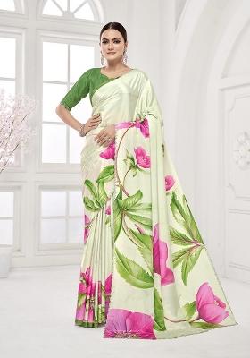 Cream Printed Crepe Saree Set