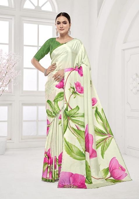 Cream Printed Crepe Saree Set