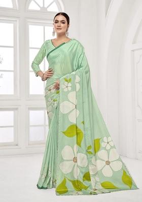 Green Printed Crepe Saree Set