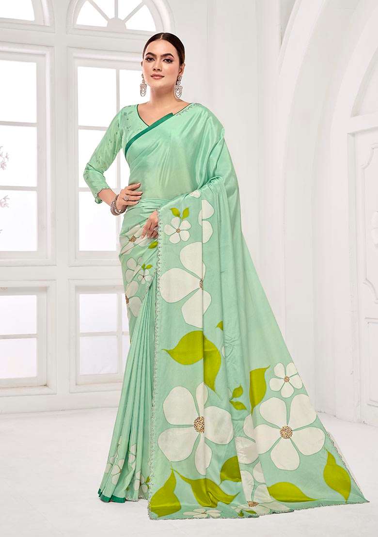 Green Printed Crepe Saree Set - Indya