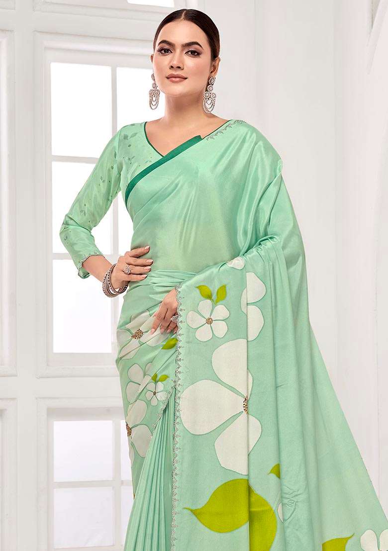 Green Printed Crepe Saree Set - Indya