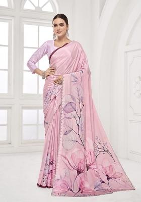 Pink Printed Crepe Saree Set