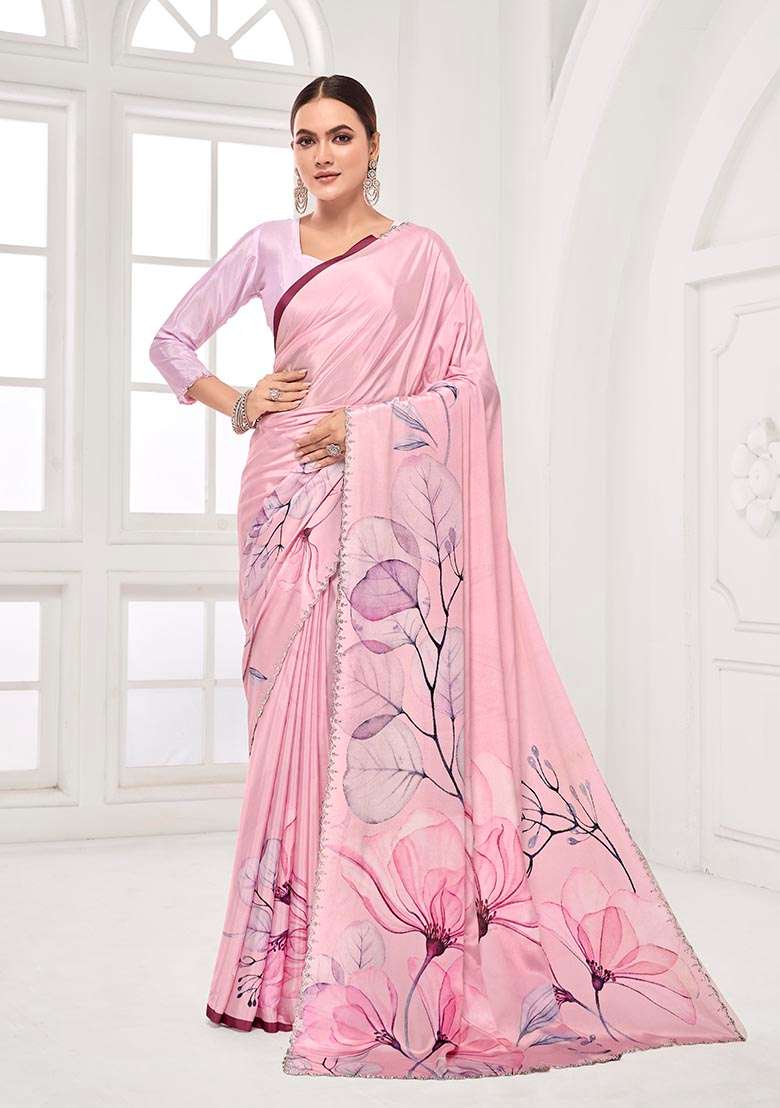 Pink Printed Crepe Saree Set - Indya
