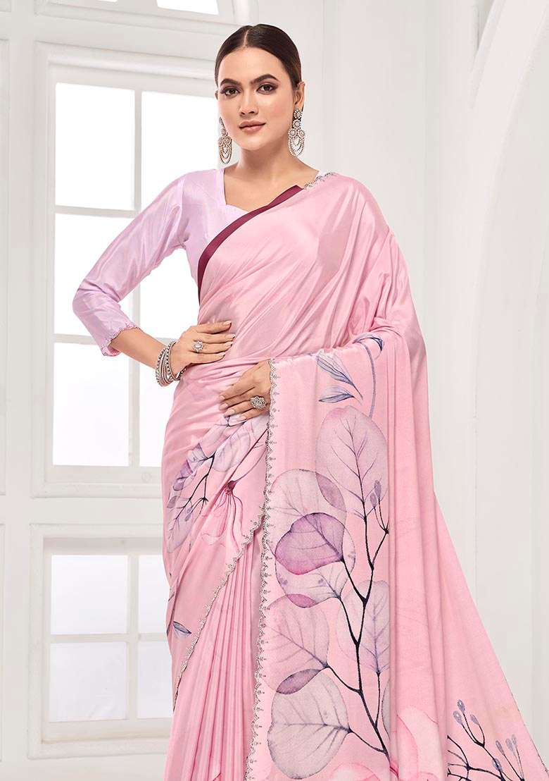 Pink Printed Crepe Saree Set - Indya