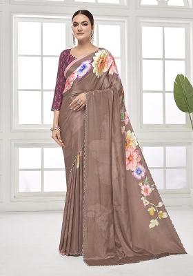 Brown Printed Crepe Saree Set