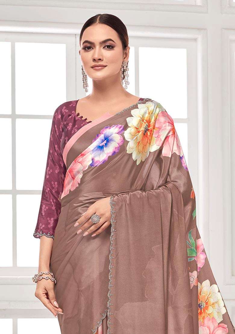 Brown Printed Crepe Saree Set - Indya